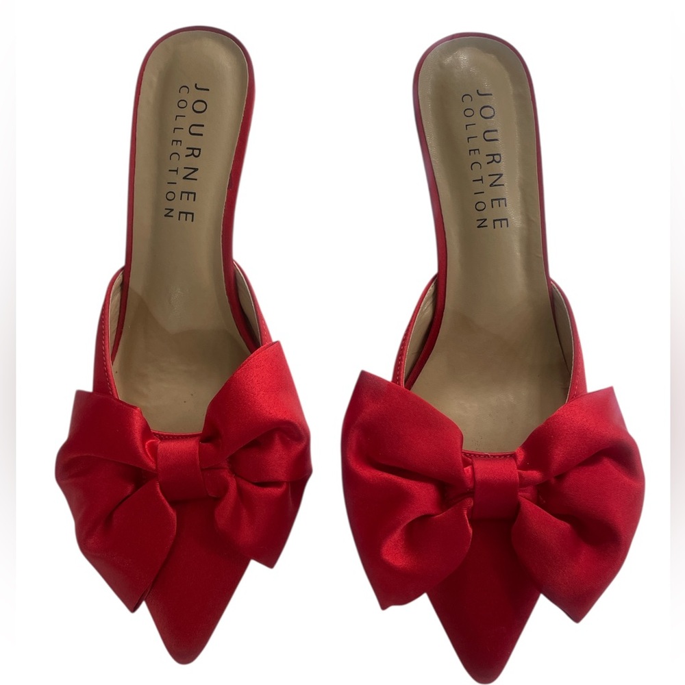Journey collection red satin bow tie pointed slip on kitten heel size 7 Women's - Picture 2 of 6